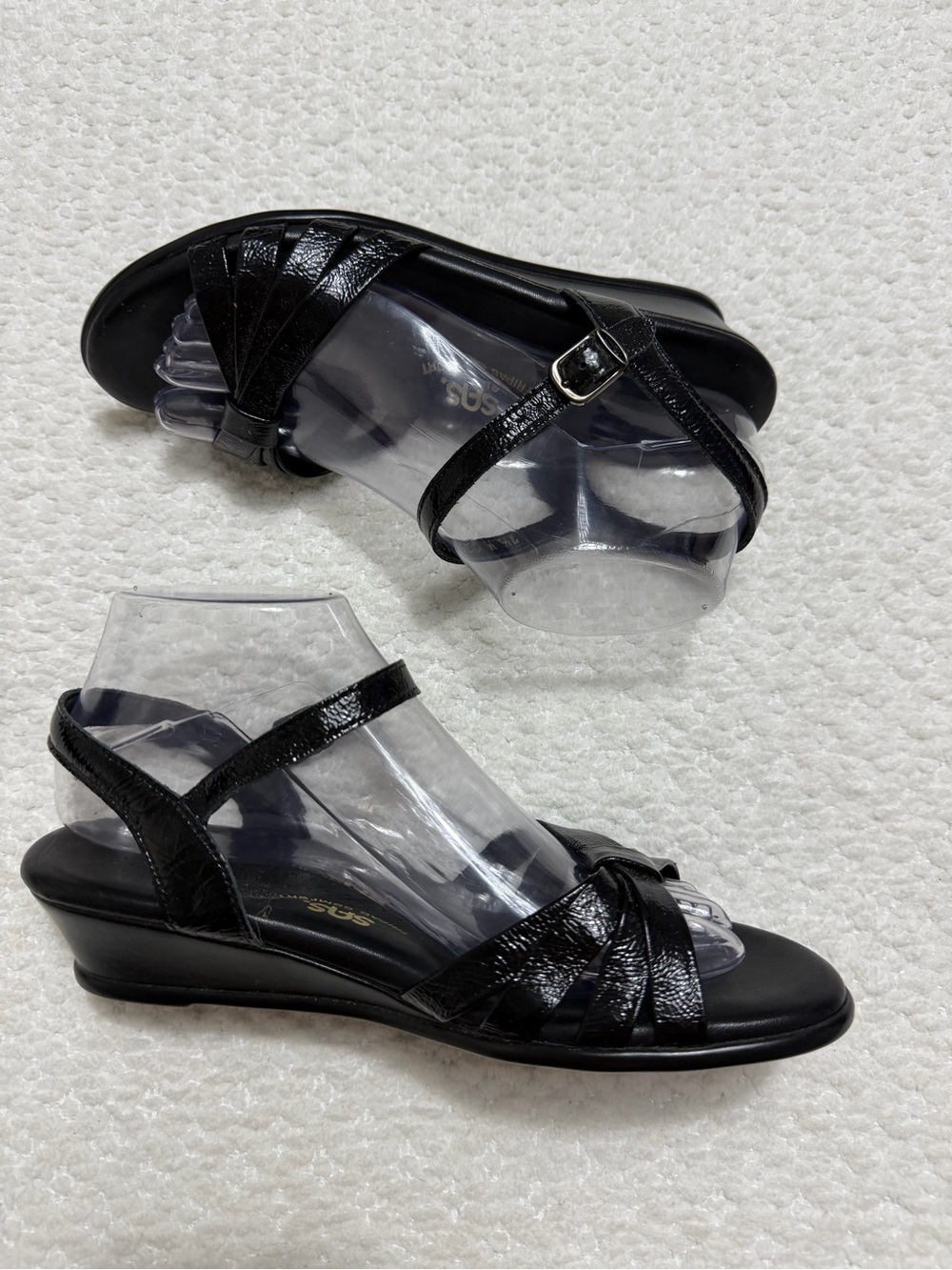 SAS Strippy Strap Wedge Sandal Black Patent Leather Strappy Women’s Size 7.5 M - Picture 3 of 10